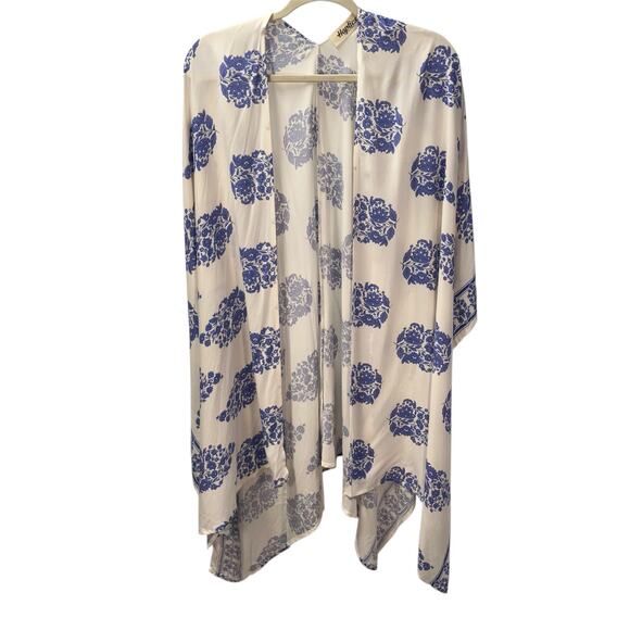 Haptics by Holly Harper Womens 2x Blue‎ White Floral Kimono Rayon Coastal - Picture 1 of 13